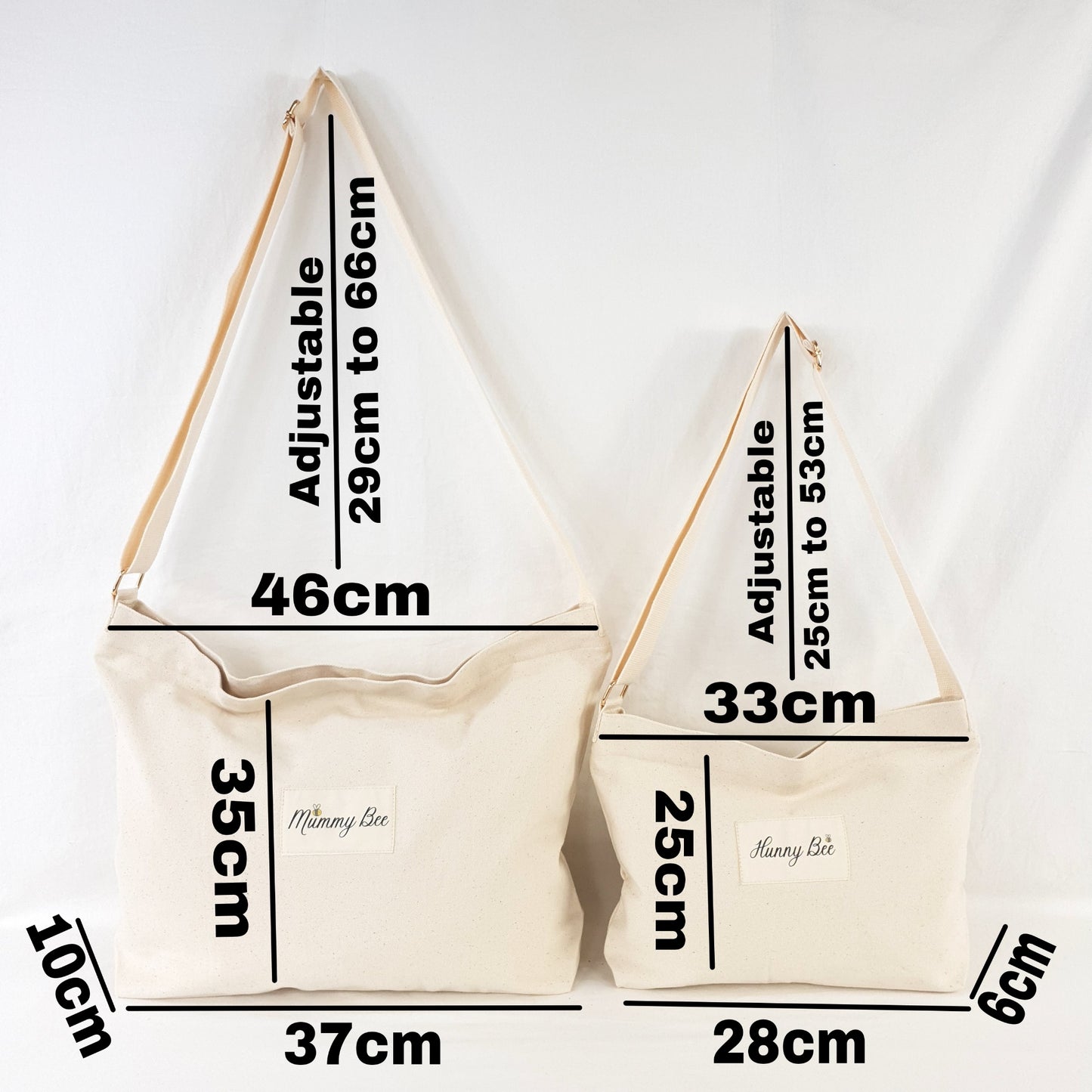 Measurements of Mummy and me crossbody bags, Adult bag 46x35x10cm and Child bag 33x25x6cm.