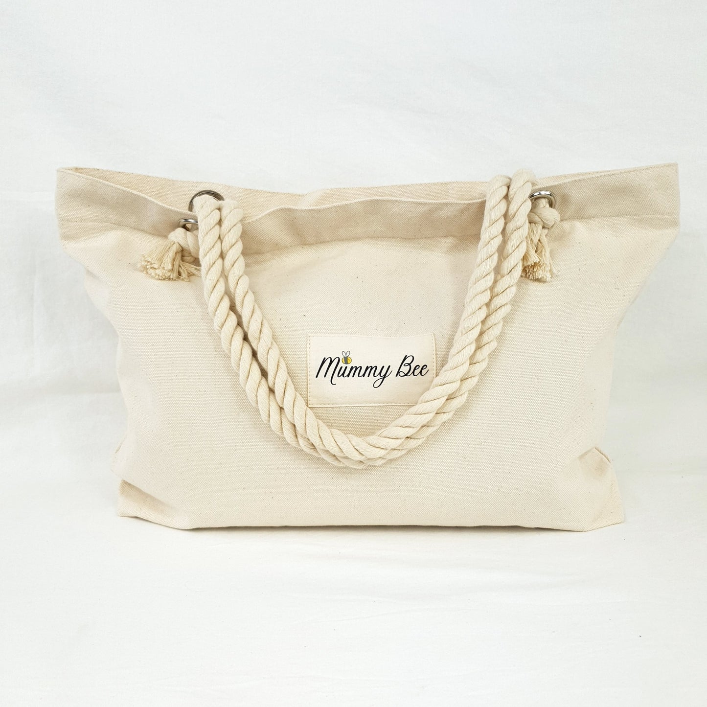 Adult tote bag of Natural, has mummy bee print, ship rope handles 