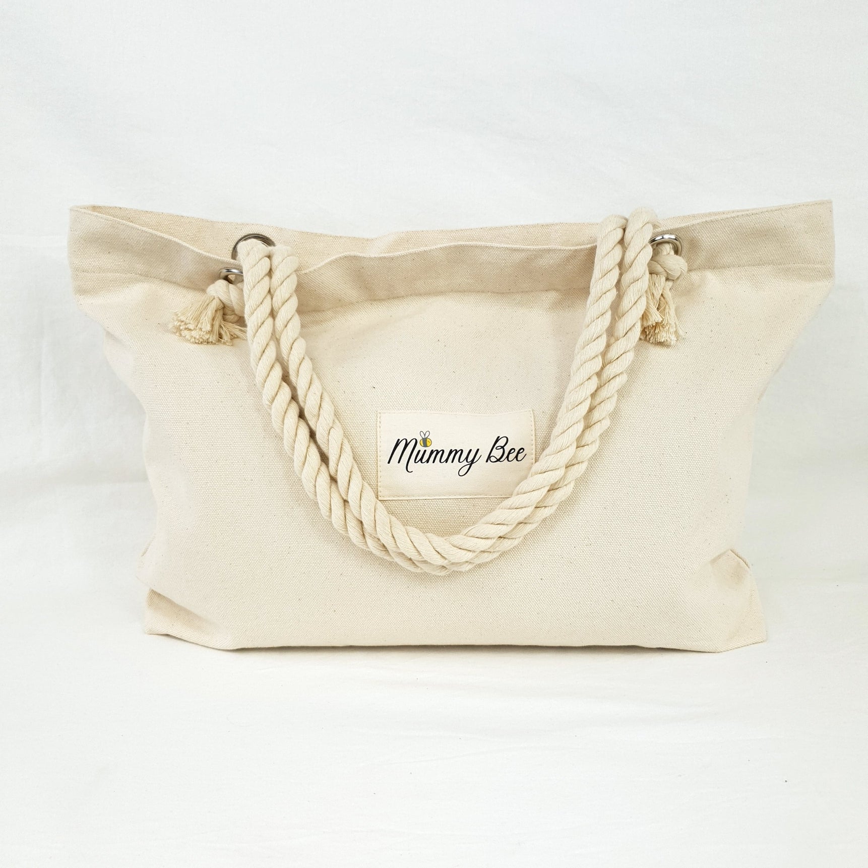 Adult tote bag of Natural, has mummy bee print, ship rope handles 