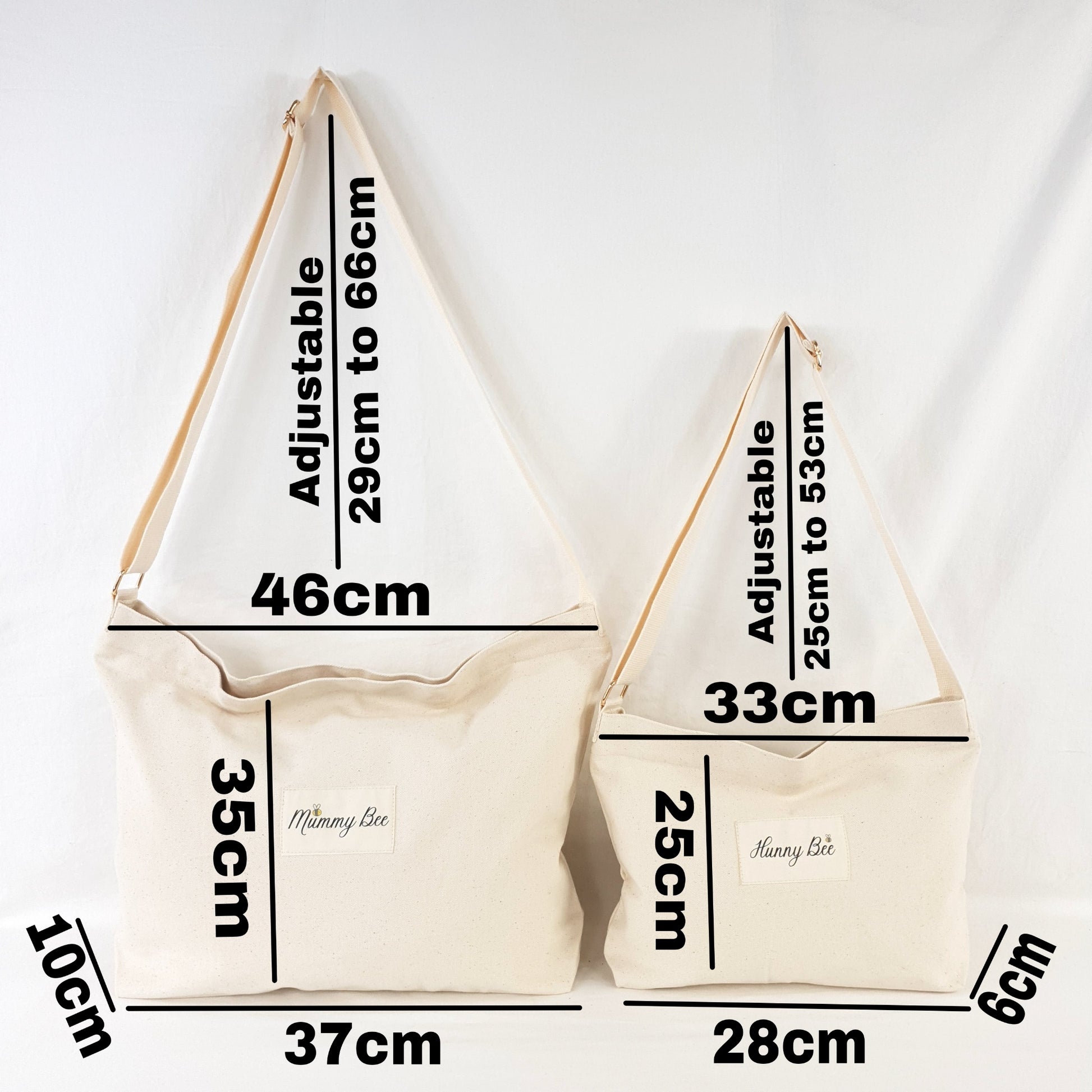 Measurements of Mummy and me crossbody bags, Adult bag 46x35x10cm and Child bag 33x25x6cm. 
