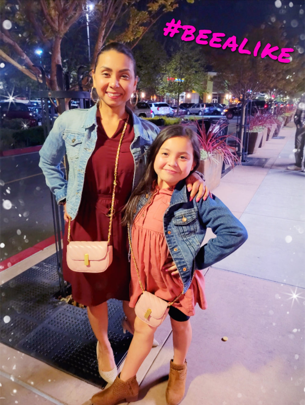 Adult and child posing with Mother Daughter bag in Pink . Mother Daughter bag 