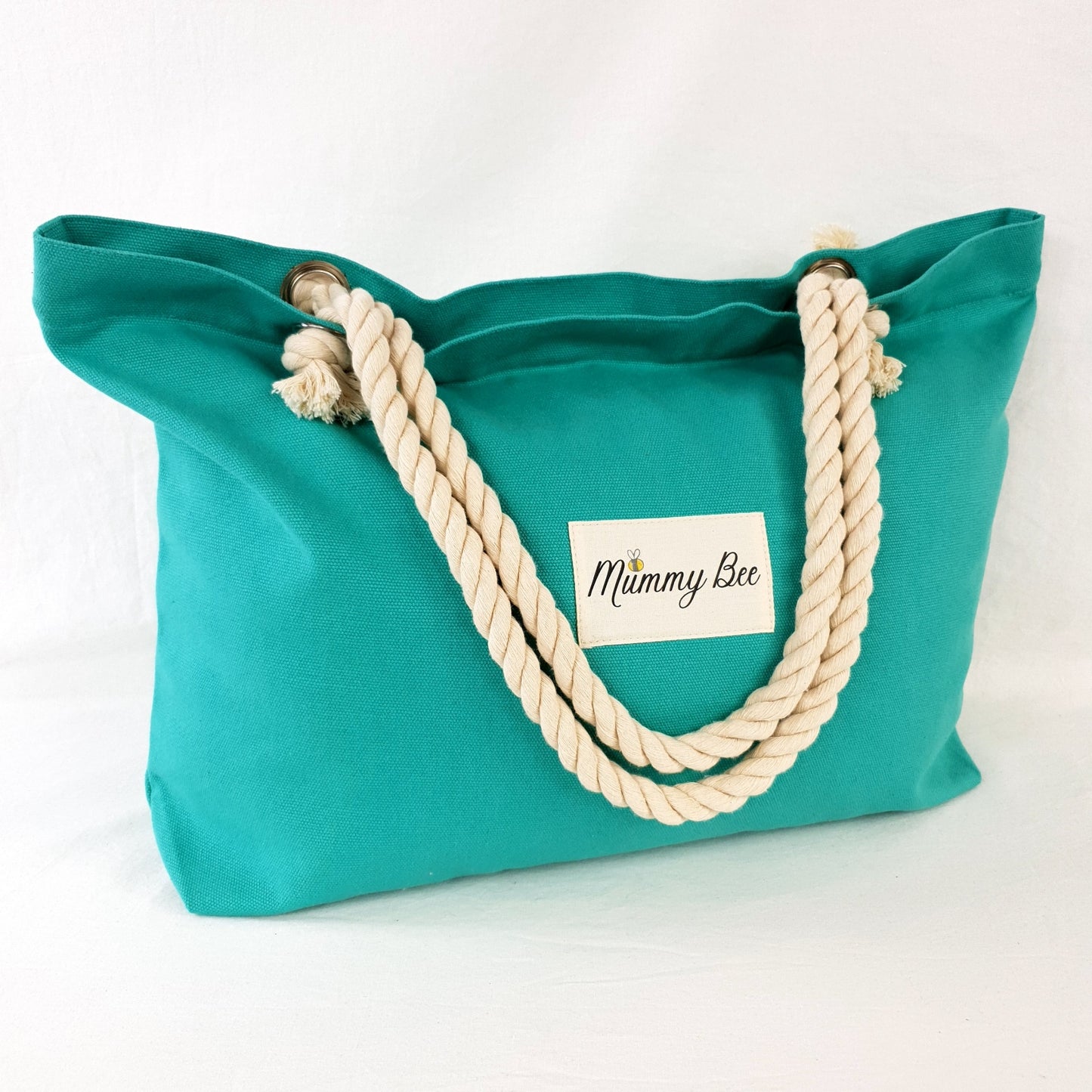 Adult Tote bag in Teal, has Mummy Bee Print with a small picture of a bee